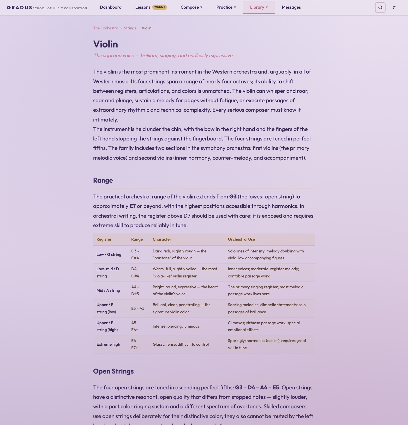 The Gradus orchestration reference page for the violin — tagline, a full prose description, the practical orchestral range, a register table breaking down character and orchestral use string by string, and the start of the open-strings section.